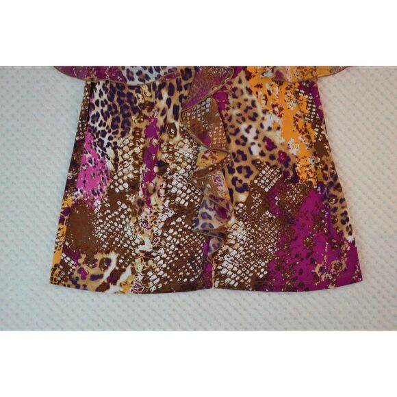 Simonton Says Women's Medium Pink Animal Print Ruffled Short Sleeve Blouse - Picture 3 of 12